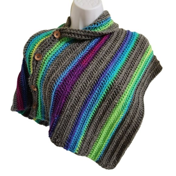 Washable long wide shawl scarf multicolor rainbow handknit wood buttons - Picture 6 of 11